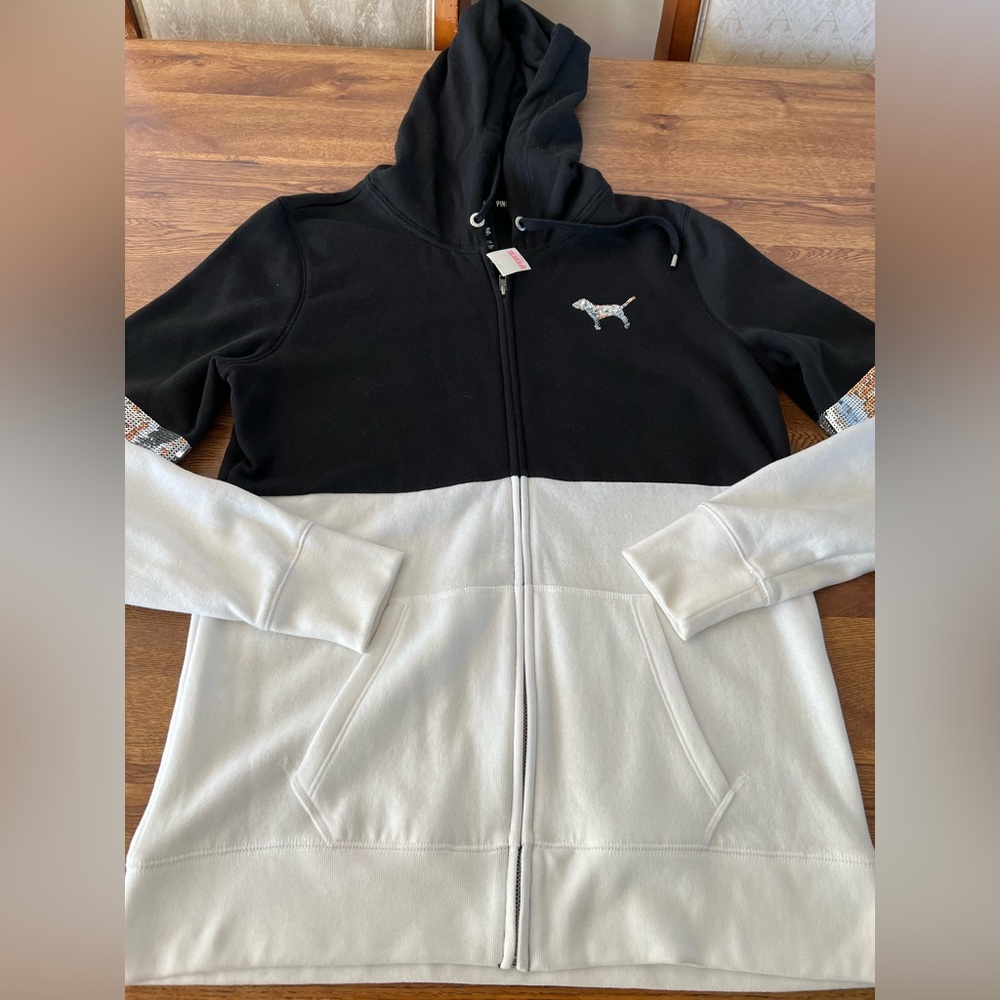 2014 NWT Victoria’s Secret PINK Zebra Print Bling Full Zip Up Varsity Hoodie M